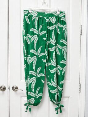 Autres Filles Women’s XL Green Tropical Leaf Tie Hem Pants Resort Vacation NWT